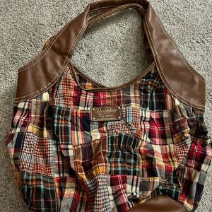 UNIONBAY Multicolor Plaid Patchwork Tote with Brown Trim